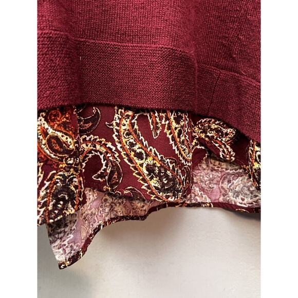 J Jill Layered Sweater Womens Medium Burgundy Pullover Button Back Floral bottom - Picture 6 of 7
